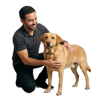 Homme brun de type portugais avec un chien près d’une voiture pour illustrer le taxi animalier à Silves.